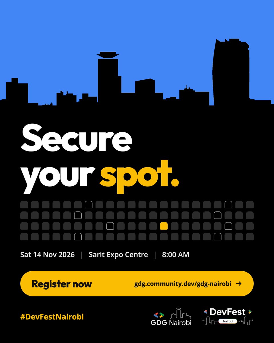 GDG_Nairobi's tweet photo. Ready to supercharge your tech career and build the future? #DevFestNairobi 2026 is officially loading, and tickets are moving fast! 🚀

We’re bringing together world-class engineers, founders, and tech enthusiasts under one roof for an unforgettable day of learning, building, and scaling.

Here is why you cannot afford to miss it: 
🤖 AI & Machine Learning: Practical applications and future trends 
☁️ Cloud & DevOps: Modern infrastructure and scalable systems 
📱 Web & Mobile: Next-gen frameworks and cross-platform design 
🛡️ Cybersecurity: Safeguarding digital products in an evolving landscape 
🛠️ Code Labs: Step-by-step practical workshops led by expert mentors 
🤝 Networking: Connect directly with global tech teams and local talent

Venue: Sarit Expo Centre 
Date: Saturday, Nov 14, 2026 
Time: Doors open at 8:00 AM

🎟️ Lock in your ticket today before seats sell out completely: https://t.co/Zr7np9zwmo