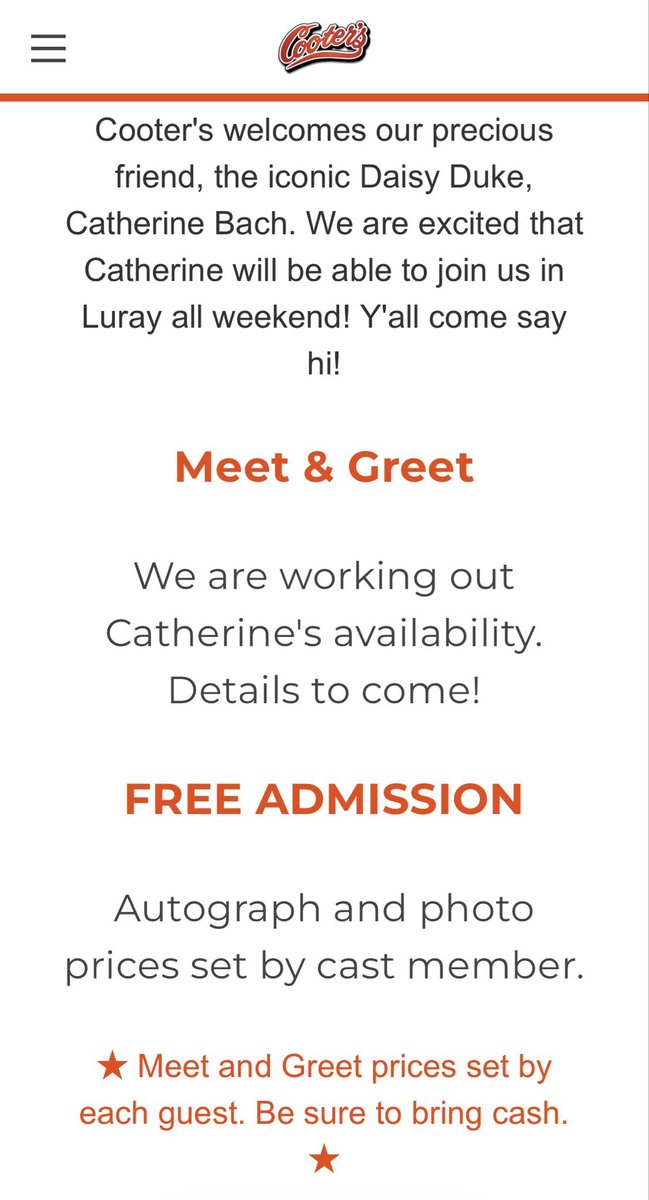 cootersplace's tweet photo. HAZZARD Run 2026

OCTOBER 3rd Luray, Virginia

• COOTER'S LURAY, VA
with Special Guest:
Catherine Bach

Cooter's welcomes our precious friend, the iconic Daisy Duke, Catherine Bach. We are excited that Catherine will be able to join us in Luray all weekend! Y'all come say hi!

FREE ADMISSION
#DukesOfHazzard #cootersplace #GeneralLee #daisyduke #catherinebach @_CatherineBach 

https://t.co/ebF6VkB6Q1