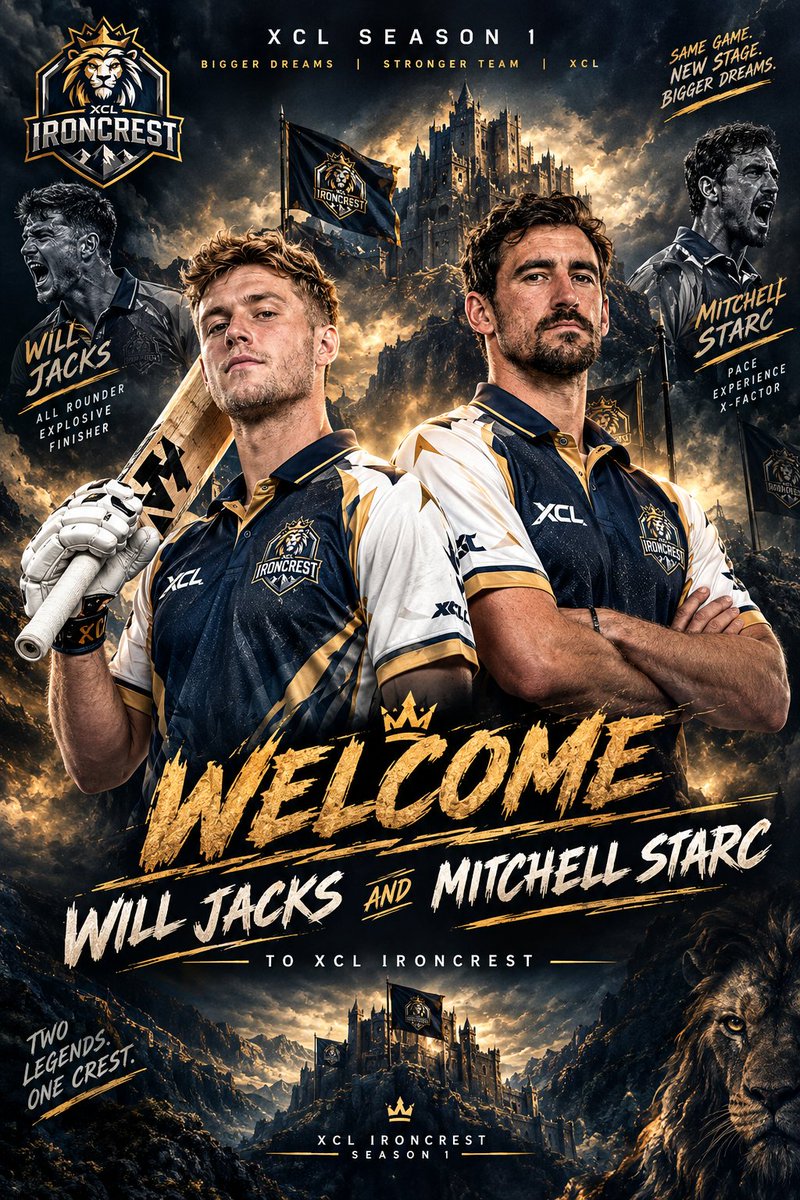 XCRICKLEA6's tweet photo. A grand welcome to Will Jacks and Mitchell Starc!👑

Power, skill and experience now stand together under the XCL Ironcrest crest
.
Welcome to the fortress. Welcome to Ironcrest. 🏰

XCL Season 1 — Strength. Unity. Victory.

Owner: @TeamSamCurran58 

#XCL #SEASON1 https://t.co/jX9cg02KYk