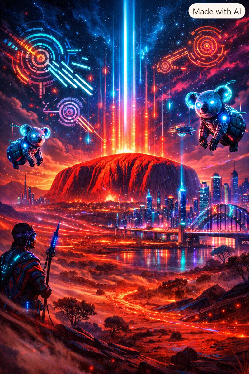 Synthesis_Digit's tweet photo. CYBERPUNK AUSTRALIA ⚡
Uluru goes neon.
Koala drones patrol the digital outback.
Sydney turns holographic.
🔥 Enter the Neon https://t.co/MP15msDDws → https://t.co/VvZzmHJ3wN#CyberpunkArt #Australia #NeonOutback #AIArt #SciFiDesign #RedbubbleShop https://t.co/GeQXJbPr4P