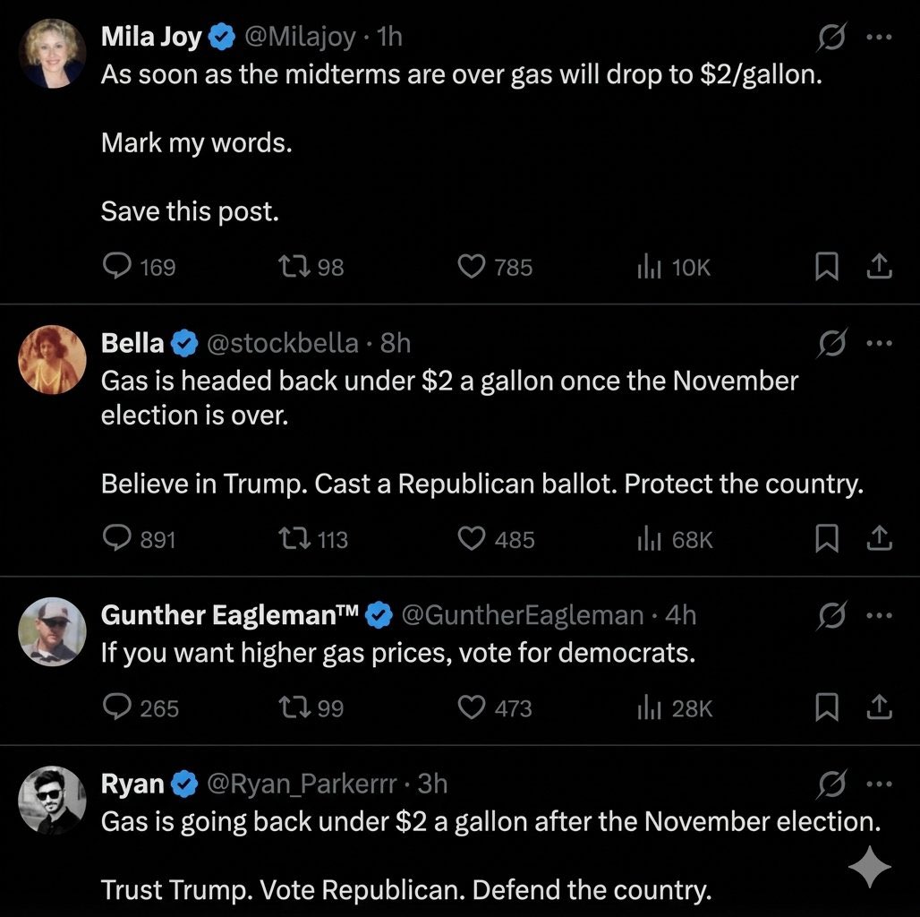 TheRobertDaniro's tweet photo. This is typical MAGA propaganda pushed by large accounts on X. Recent bot scripts are about believing in Trump and after midterms, prices go down. A year ago, the script was if you don’t support Trump you’re “not real MAGA” and “Democrats are terrorists.” https://t.co/2r27yeB354
