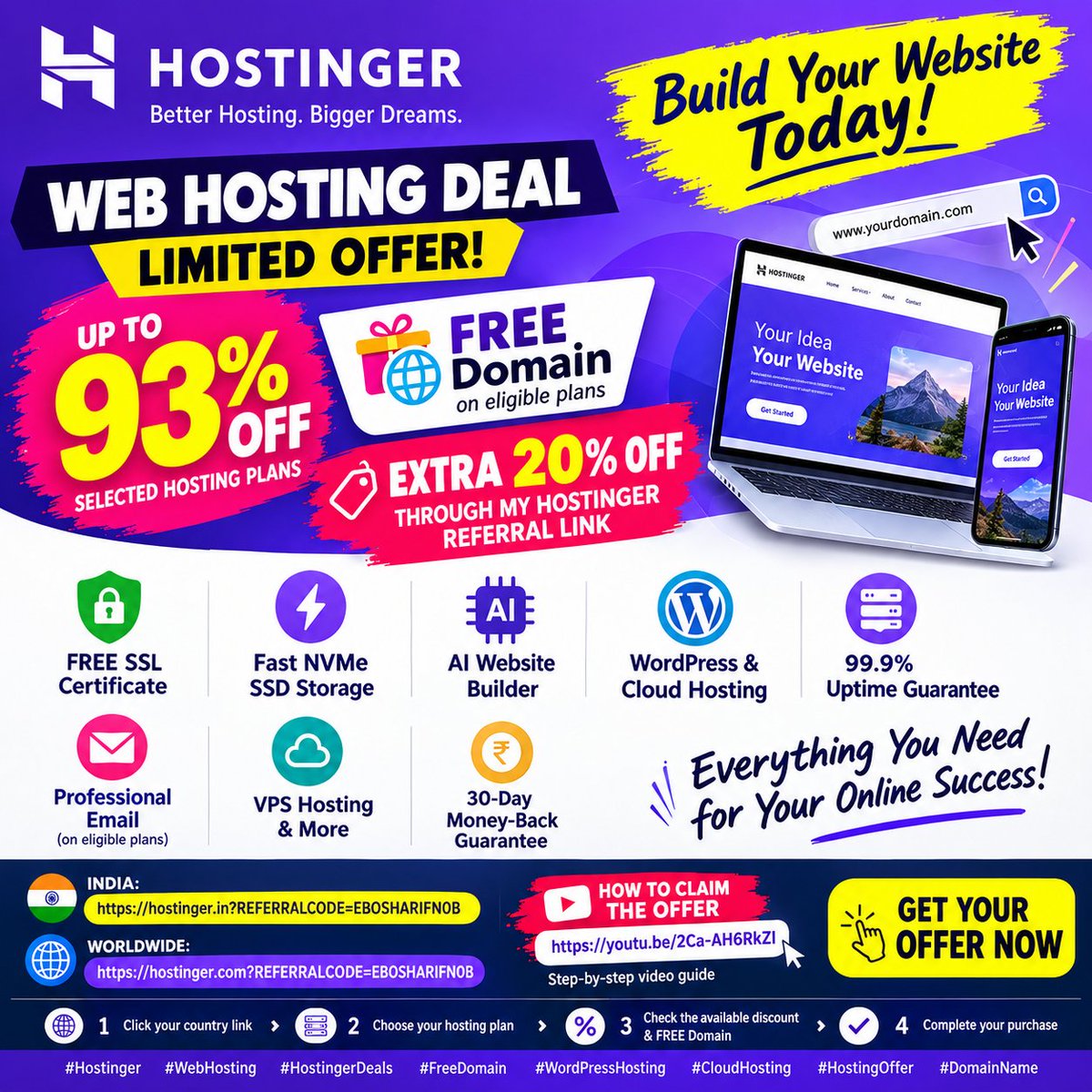 HostingCupons's tweet photo. 🔥 Hostinger Web Hosting Deal!

🚀 Up to 93% OFF selected plans
🎁 FREE Domain on eligible plans
🔥 EXTRA 20% OFF through my referral link

🇮🇳 India: https://t.co/meveVSF1CJ
🌍 Worldwide: https://t.co/Iqe9cno9TG

#Hostinger #WebHosting #FreeDomain #HostingerDeals https://t.co/Gjlmu3t54T