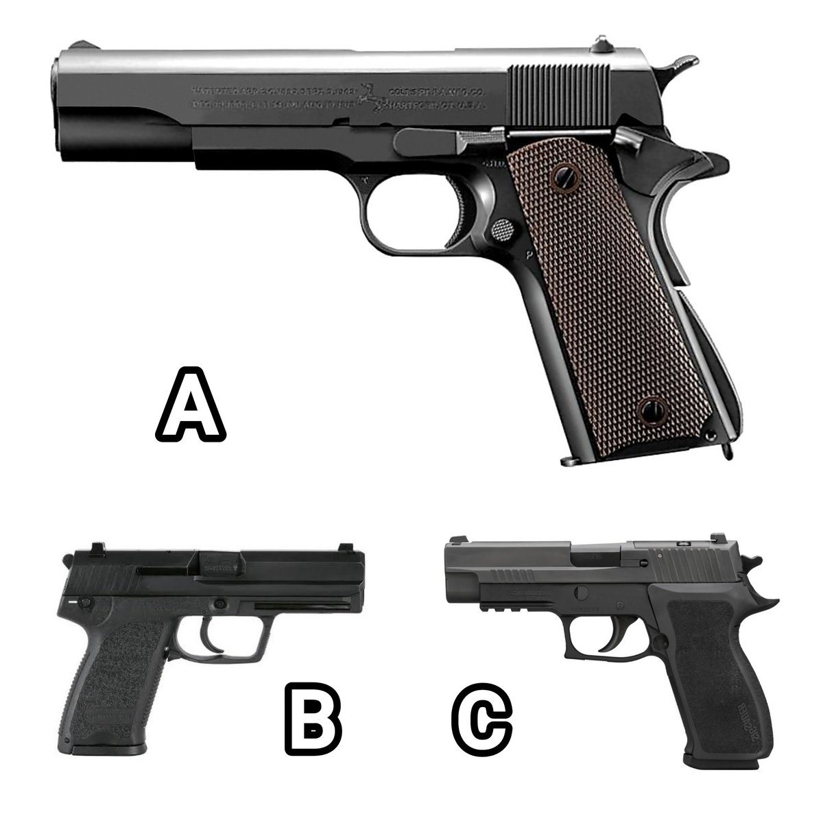 ammolab1's tweet photo. You’re deploying to an unknown operational environment and can only pack one sidearm for total reliability, ergonomics, and stopping power—are you taking A, B, or C? https://t.co/Mwq0Xsk3rG