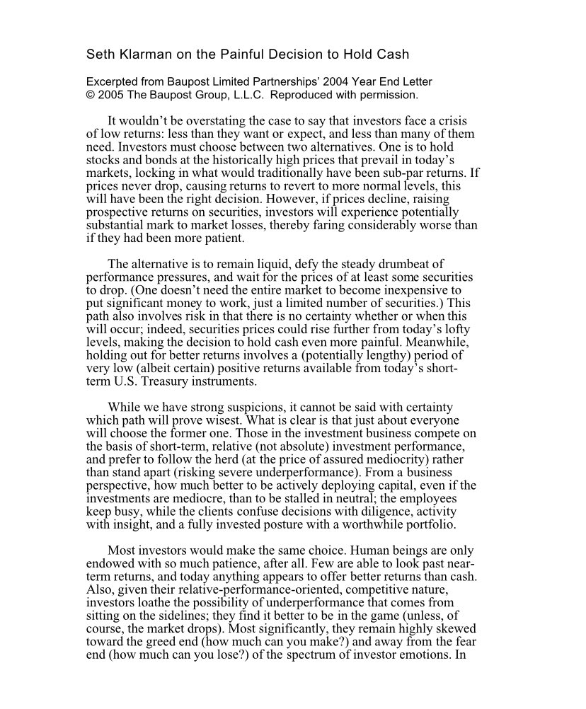 KoyfinCharts's tweet photo. In 2005, Seth Klarman wrote a short paper about the painful decision to hold cash.

Great read. https://t.co/yOpYZILSNQ