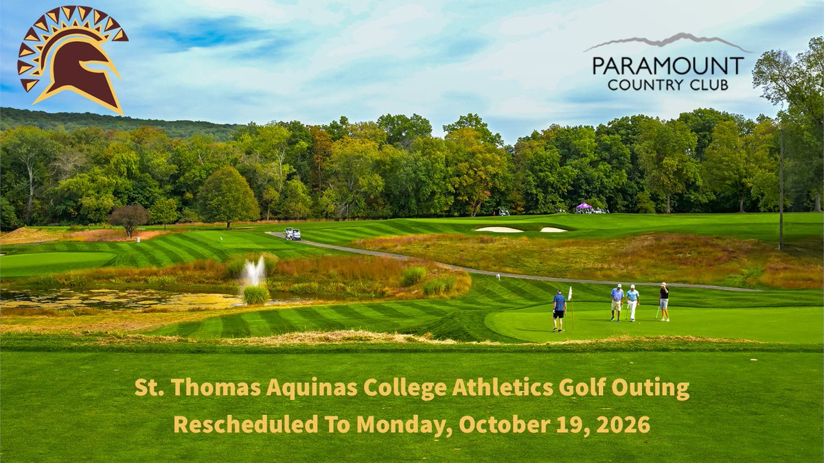 STACSpartans's tweet photo. St. Thomas Aquinas College Athletics Golf Outing Alert:

Due to this weekend's weather and unplayable course conditions, Monday's (Sept. 28) Athletic Department Golf Outing has been postponed.

The outing has been rescheduled for Monday, October 19 at Paramount County Club. https://t.co/GdIisViv43