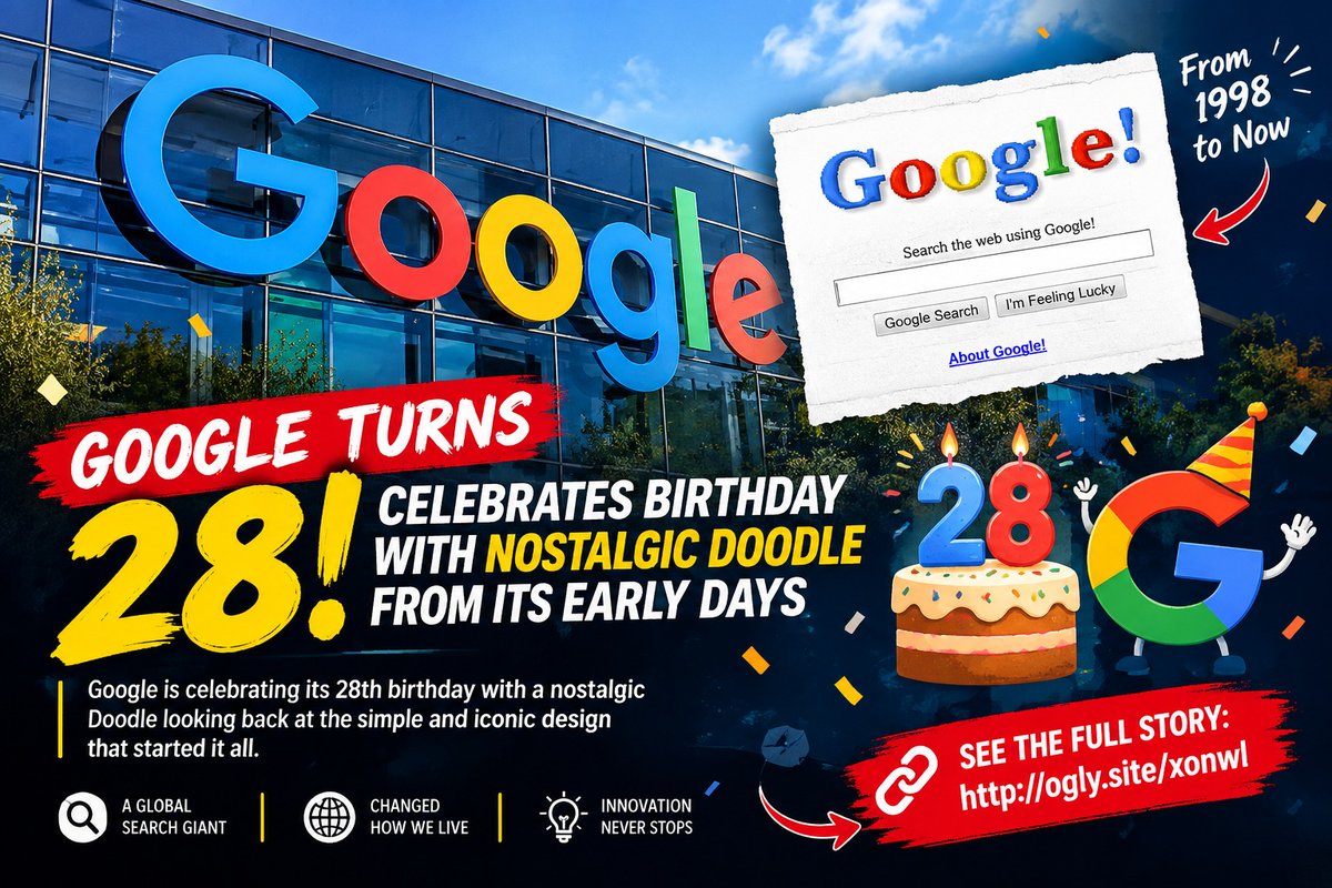 wexlerkim35's tweet photo. 🎉 Google Turns 28! 🔎✨
Google is celebrating its 28th birthday with a nostalgic Doodle looking back at its early days — a throwback for longtime internet users. 🥹
👉 See the full story: https://t.co/MQEqwByXMP
#Google #GoogleDoodle #Google28 #TechNews #InternetHistory https://t.co/3yCYoNup3q