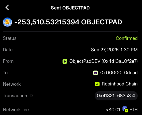 ObjectPadFun's tweet photo. 2nd buyback and burn went through automatically!

DEV burn loop is live and fully functional 🤟

https://t.co/z3Cpt6RU0a

We also switched the burn rate to every 30 mins!

DEV team is locked in and COOKING

Next announcement soon... strap in

https://t.co/Am0wsZlUF8
0x520541d03dec790ce51746da2a495dafa62e87f8