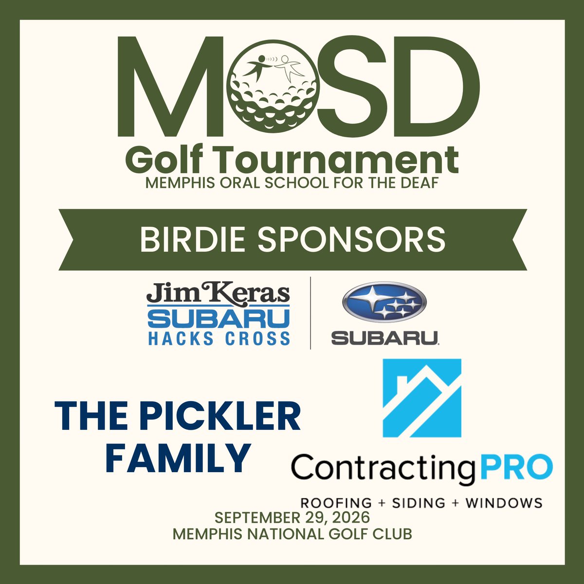 mosdkids's tweet photo. Our annual Memphis Oral School for the Deaf Golf Tournament is Tuesday, September 29, at Memphis National Golf Club. As we get ready for the tournament, we’re grateful to recognize our Birdie Sponsors:

Jim Keras Subaru Hacks Cross
The Pickler Family
Contracting Pro https://t.co/kSeJWr07Rs