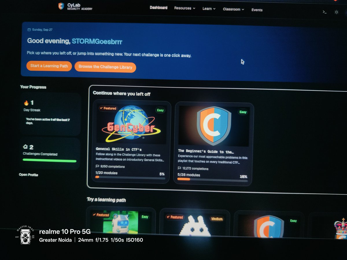 STORMGoesbrrrr's tweet photo. Expanding my cybersecurity toolkit, started the CyLab Security Academy today. Kicking things off with GenCyber and the Beginner CTF fundamentals.
Day 1 streak officially unlocked.
#CyberSecurity #CyLab #CTF #Linux https://t.co/L7I9ycJoas