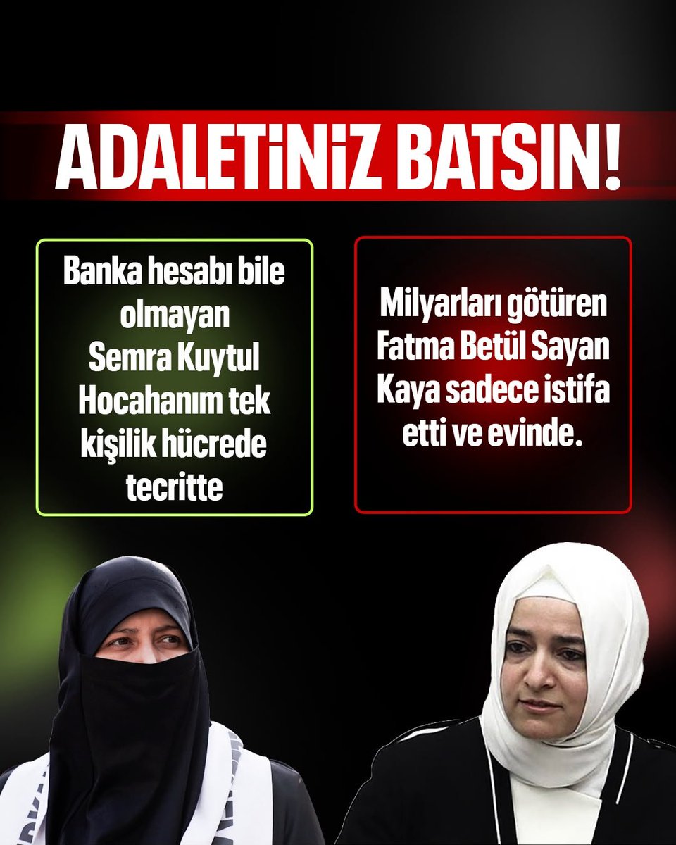 fhbtmn's tweet photo. ADALETİNİZ BATSIN! 
Banka hesabı bile olmayan Semra kutul hocahanım 
Tek kişilik özelde tecritte 
Diğer taraftan milyarları götüren Fatma Betül Sayan Kaya sadece istifa etti ve evinde.
#YargıEliyleZulüm
AkpUlkeye NeKazandırdı
AkpDönemi ZulümDönemi https://t.co/6NLAipemlz
