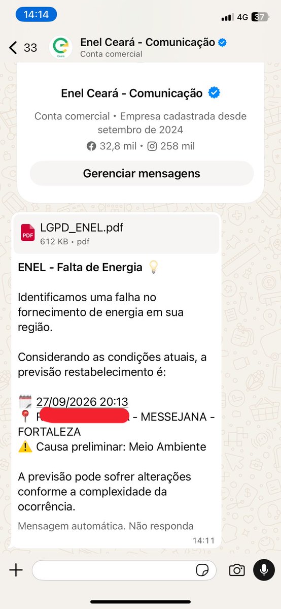 lfsenam_'s tweet photo. Sem energia desde 12:30 e previsão de retorno só 20:00 
@EnelClientesBR é uma vergonha
Alegação: Problema relacionado ao meio ambiente kkkkkk cidade com o céu limpo e não tem uma gota d’água caindo 
Não tem nem nuvem pra ter raio 🤣 https://t.co/rDhPl9n9PV