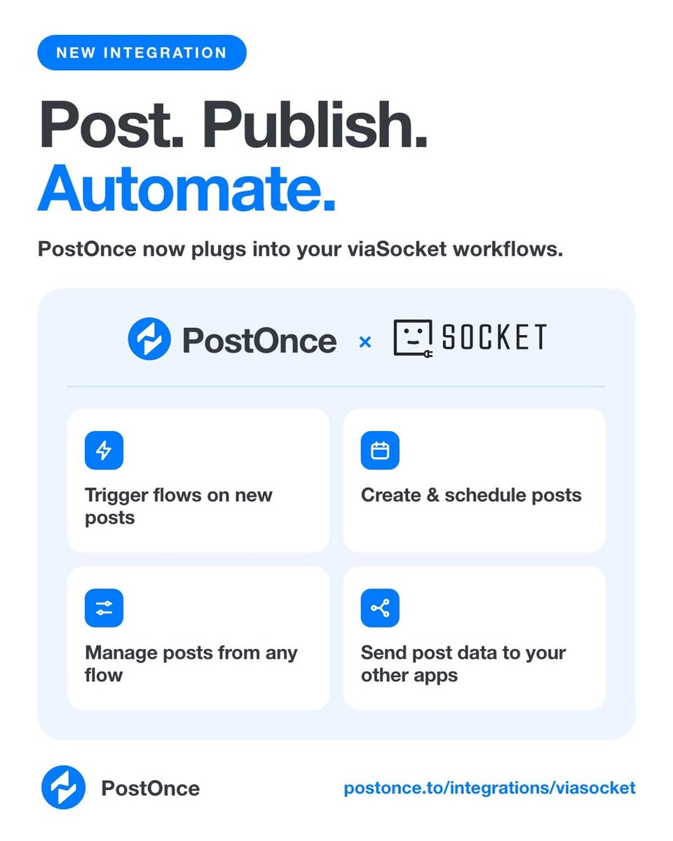 PostOnce_to's tweet photo. PostOnce now integrates with @viasocket ⚡

Start flows when a post is created, create and schedule posts from other apps, and send post data anywhere.

Setup: https://t.co/t7gpQl9yv7 https://t.co/fHHj6DECrv