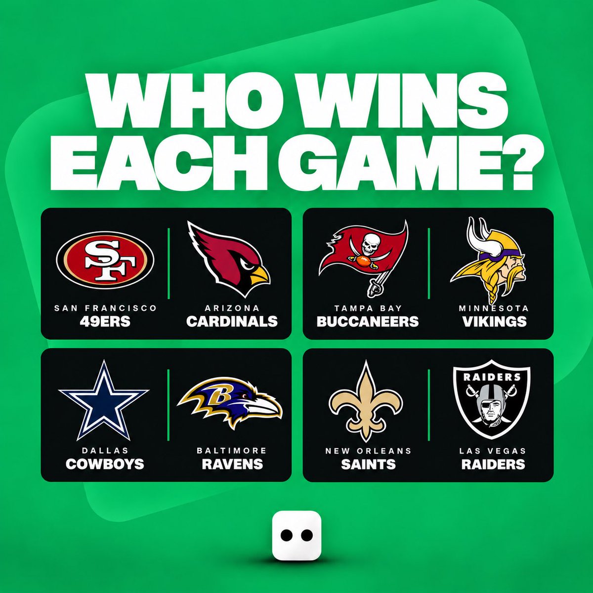 DiceyHQ's tweet photo. Pick the winner of these 4 NFL games. 

Guess every pick correct and win $50 straight to your dicey account.

Drop your picks before 4 PM EST. https://t.co/zyLJcHFyOD