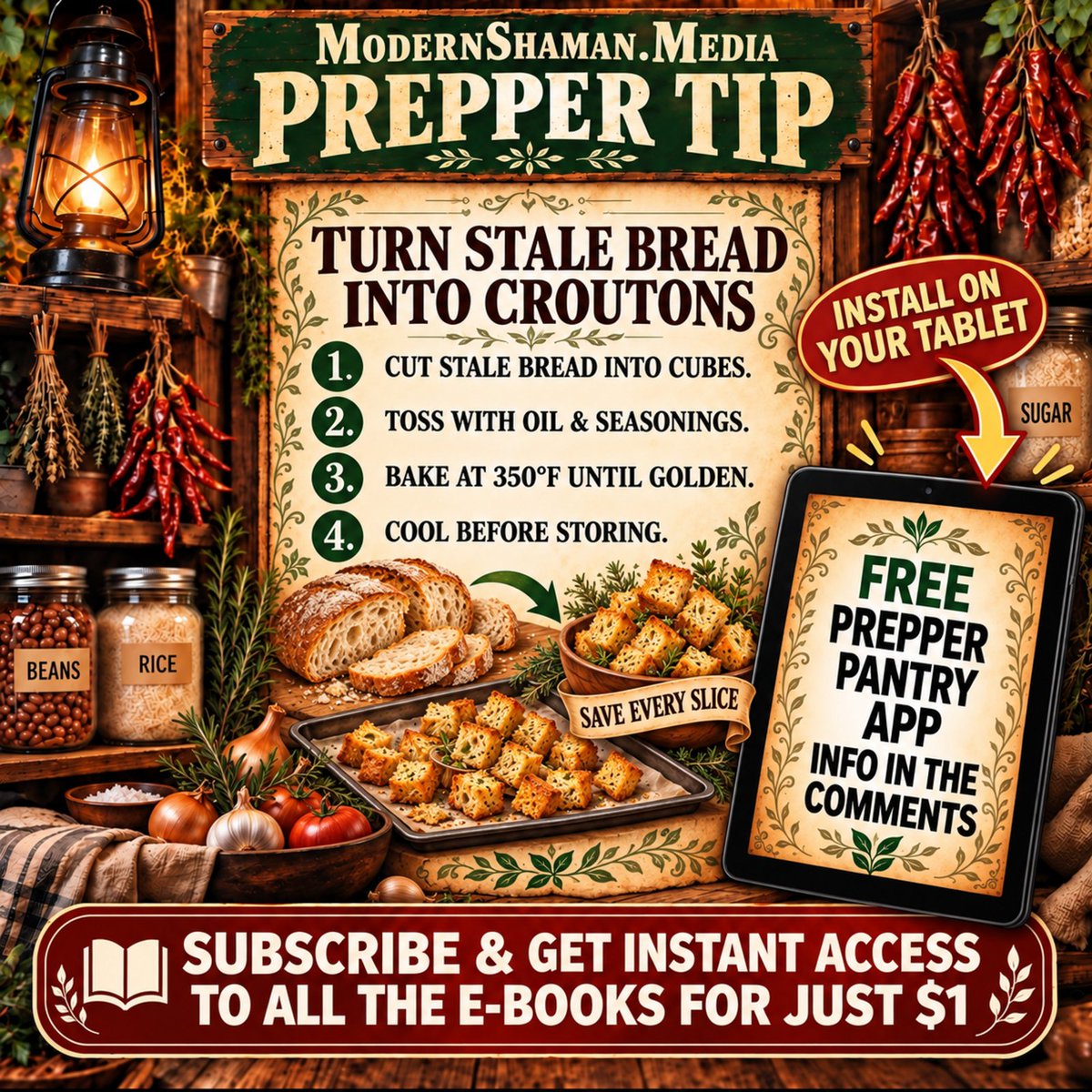 ModernShamanX's tweet photo. #PrepperTip ๐ Give stale bread a second life๐ Cube it, toss with oil + seasonings, bake 350ยฐF till golden๐ฅ Cool before storing๐ซ $1 gets the app + cookbook๐ฒ๐ https://t.co/wNg5qNsjtI https://t.co/zRXCeib5Tj #Prepper #Preppers https://t.co/t57NUtpvov