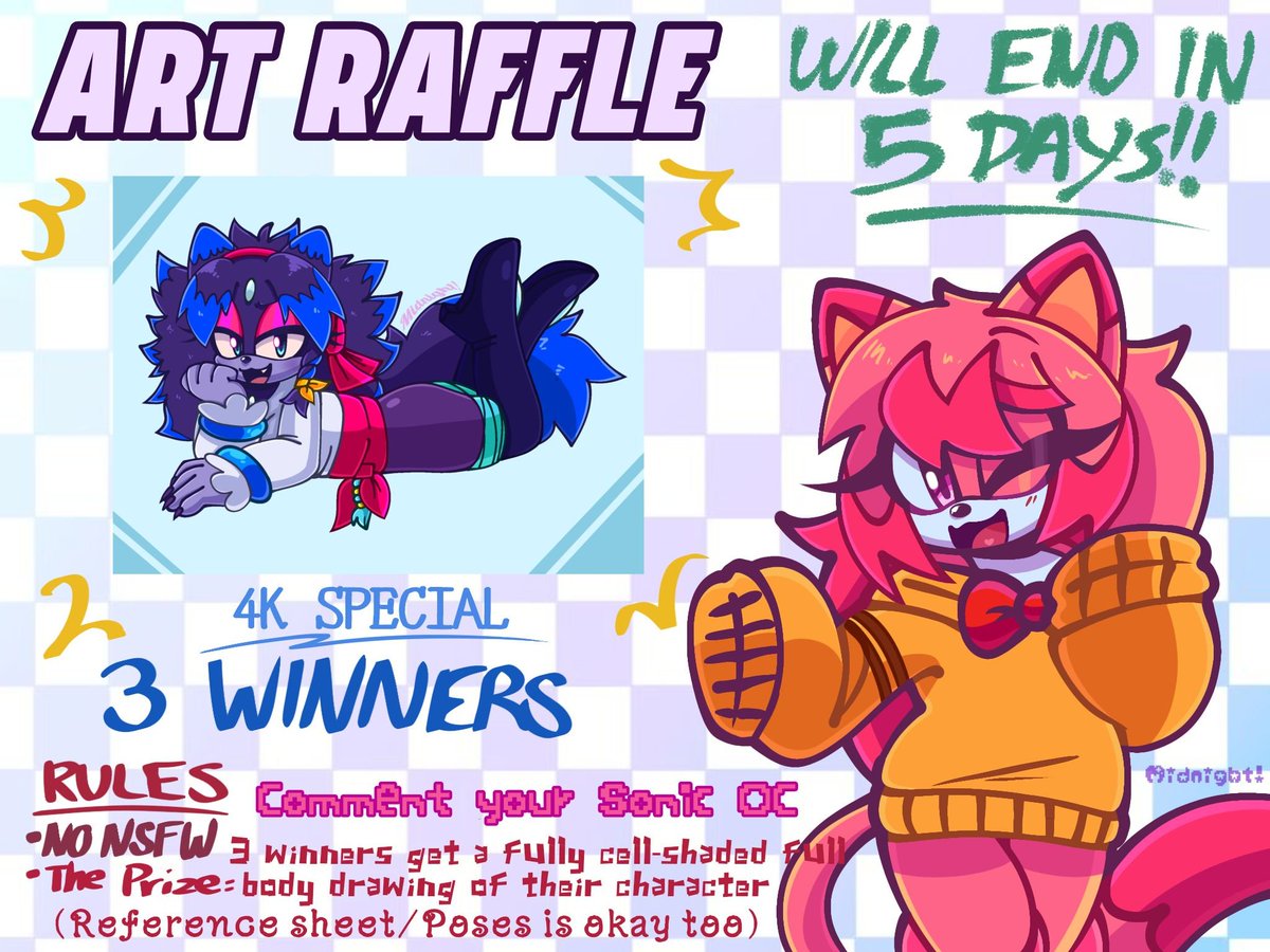 Artangelo381341's tweet photo. ART RAFFLE📌

🌟Thank you for much for 4k!!
To celebrate, I'm hosting a raffle with 3 winners!

HOW TO ENTER:
• Must follow
• RT to enter-NO QRTs
• Bonus:Like + reply with OC ref
SONIC OCs ONLY
NO NSFW OCs
1 OC per entry

⏰️ENDS OCT 2!
#artraffle #sonicOC #sonicart https://t.co/JUxAyeZH5w