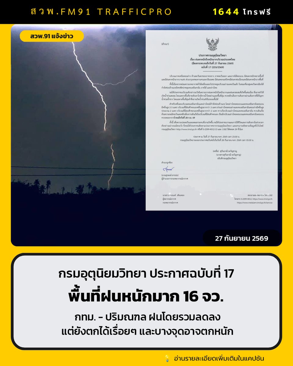 fm91trafficpro's tweet photo. กรมอุตุนิยมวิทยา ประกาศฉบับที่ 17 พื้นที่ฝนหนักมาก ยังเป็น 16 จังหวัดเดิม จุดที่เปลี่ยนชัดคือพื้นที่ฝนหนักเพิ่ม ศรีสะเกษและอุบลราชธานี
กทม. - ปริมณฑล ฝนโดยรวมลดลง แต่ยังตกได้เรื่อยๆ และบางจุดอาจตกหนัก

อ่านเพิ่มเติม https://t.co/f5AJD4zImZ 
#ข่าวสวพFM91 #ฝนตก #ประกาศกรมอุตุ https://t.co/fQ3aRUDwnP