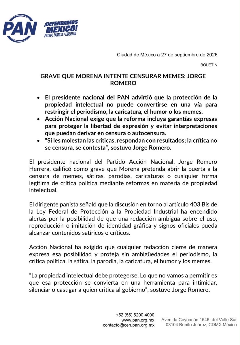 AccionNacional's tweet photo. Grave que Morena intente censurar memes: @JorgeRoHe. 

#Boletín 🗞️ https://t.co/vkPbqN4M0o
