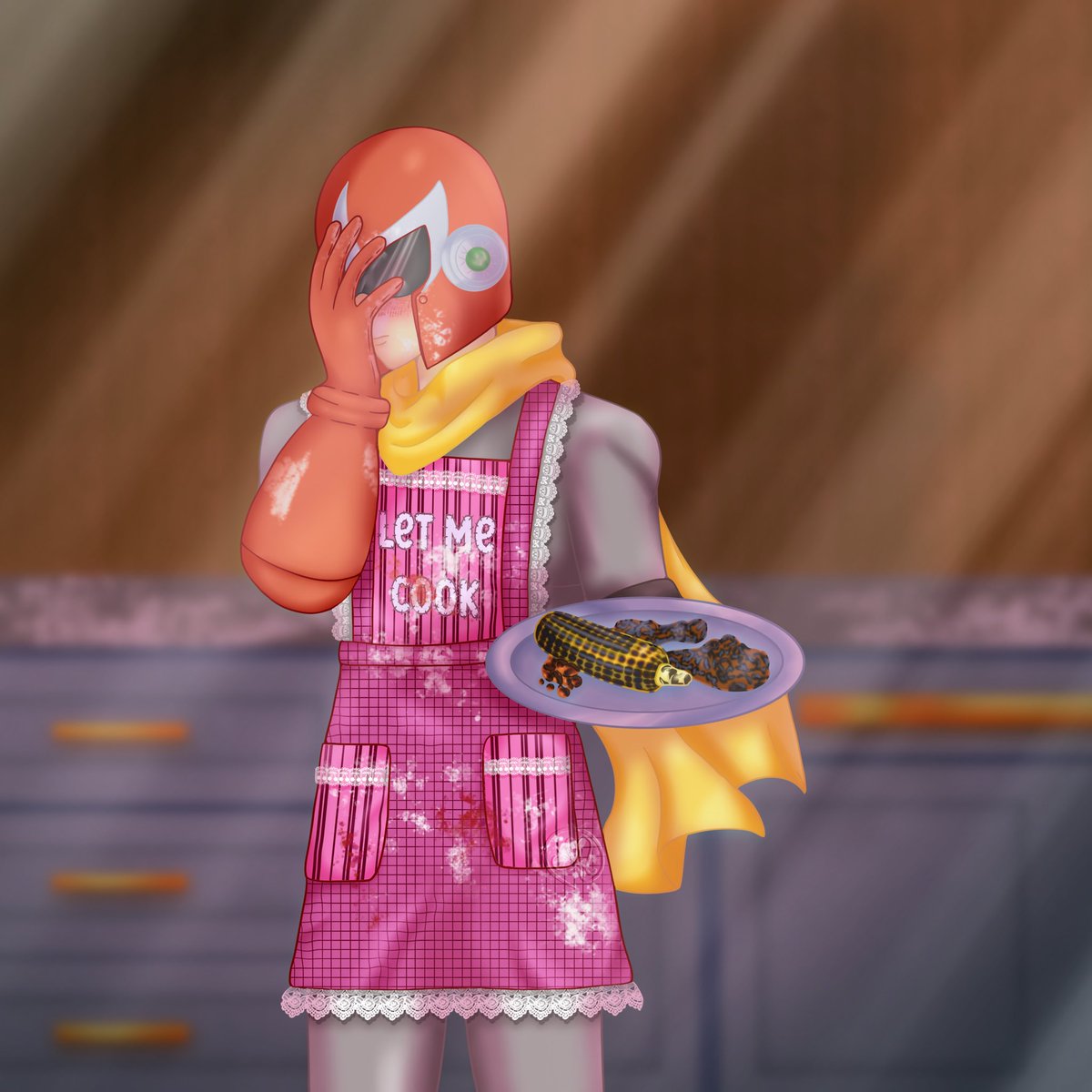 adarxmin's tweet photo. I let my intrusive thoughts win &amp; drew Protoman wearing a girly apron who tried to cook for a human. I love his stupid hair, it made the drawing better😂

My headcanon is Protoman can’t cook, the food is still edible just badly burnt every time he tries
#myart #protoman #megaman https://t.co/SZrtCqlovk