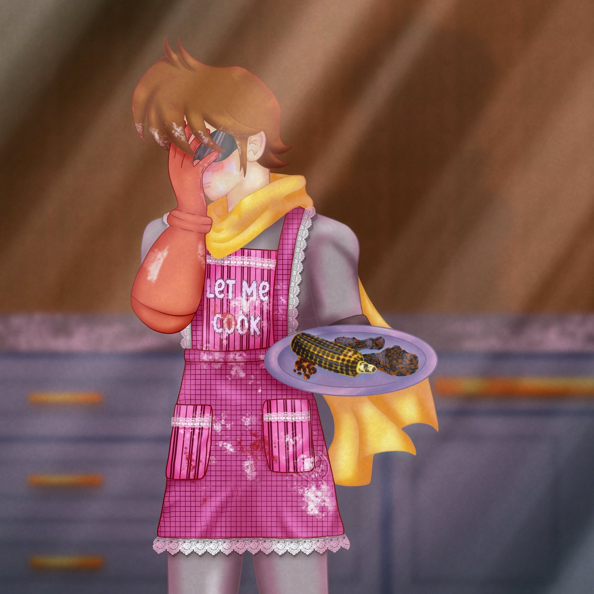 adarxmin's tweet photo. I let my intrusive thoughts win &amp; drew Protoman wearing a girly apron who tried to cook for a human. I love his stupid hair, it made the drawing better😂

My headcanon is Protoman can’t cook, the food is still edible just badly burnt every time he tries
#myart #protoman #megaman https://t.co/SZrtCqlovk
