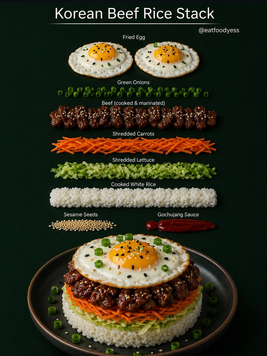 SundayVixkpze's tweet photo. Healthy, delicious, and packed with Korean-inspired flavor! This Korean Beef Rice Stack layers fluffy rice, glazed beef, crunchy vegetables, and a runny fried egg, served with spicy gochujang sauce. https://t.co/c3mvpzpIx6