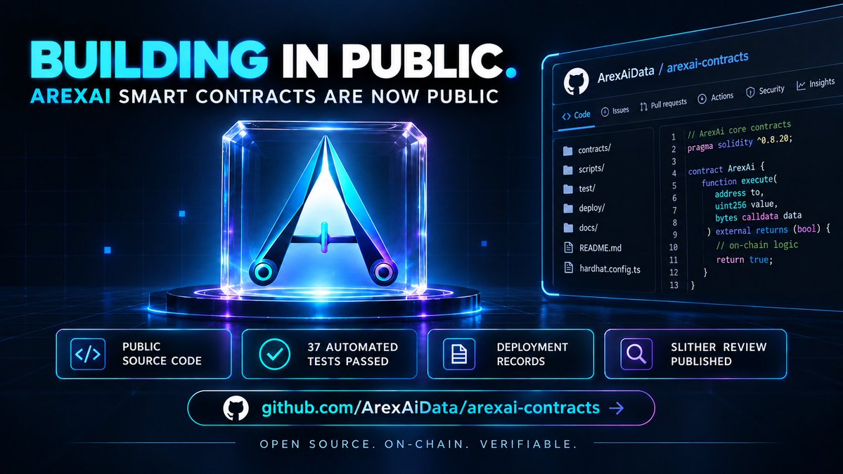 ArexAIData's tweet photo. BUILDING IN PUBLIC.

We’re building ArexAi in public.
Our official smart contract repository is now available on GitHub, including Solidity source code, deployment records, compiler settings, automated test results and security documentation.
Transparency is not a promise. It is something that should be independently verifiable.
Explore the official repository:
https://t.co/H0ehM8cLXG

#ArexAi #ARXAI #OpenSource #BuildInPublic #Web3Security #BNBChain #SmartContracts #ArtificialIntelligence