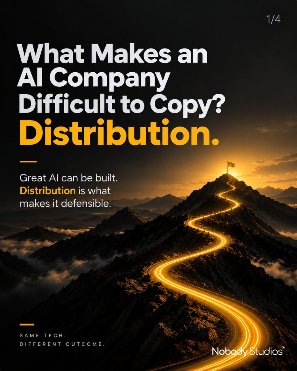 NobodyCrowd's tweet photo. In the AI era, distribution isn't just a growth strategy, it's your moat.

Competitors can clone your model, UI, and features tomorrow. But they can't clone an engaged user base or compounding network effects.

The technology gets easier to build. The audience doesn't.

#NS https://t.co/RQOnmbVXM2