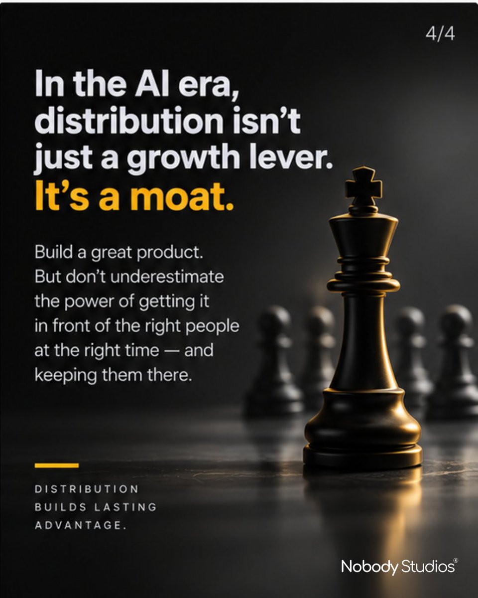 NobodyCrowd's tweet photo. In the AI era, distribution isn't just a growth strategy, it's your moat.

Competitors can clone your model, UI, and features tomorrow. But they can't clone an engaged user base or compounding network effects.

The technology gets easier to build. The audience doesn't.

#NS https://t.co/RQOnmbVXM2