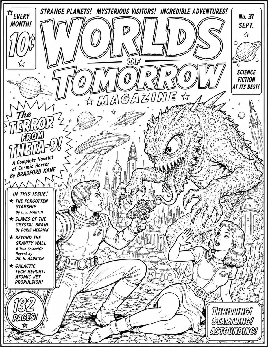 ElsewhereArch's tweet photo. A black-and-white science fiction coloring page to print out and color if you're into that sort of thing.
#FantasyColoring #ColoringBookArt #SciFiArt #AdultColoring #LineArt #Worldbuilding #SciFiIllustration #ColoringPage #TheElsewhereArchive https://t.co/gUlfqZSmKt