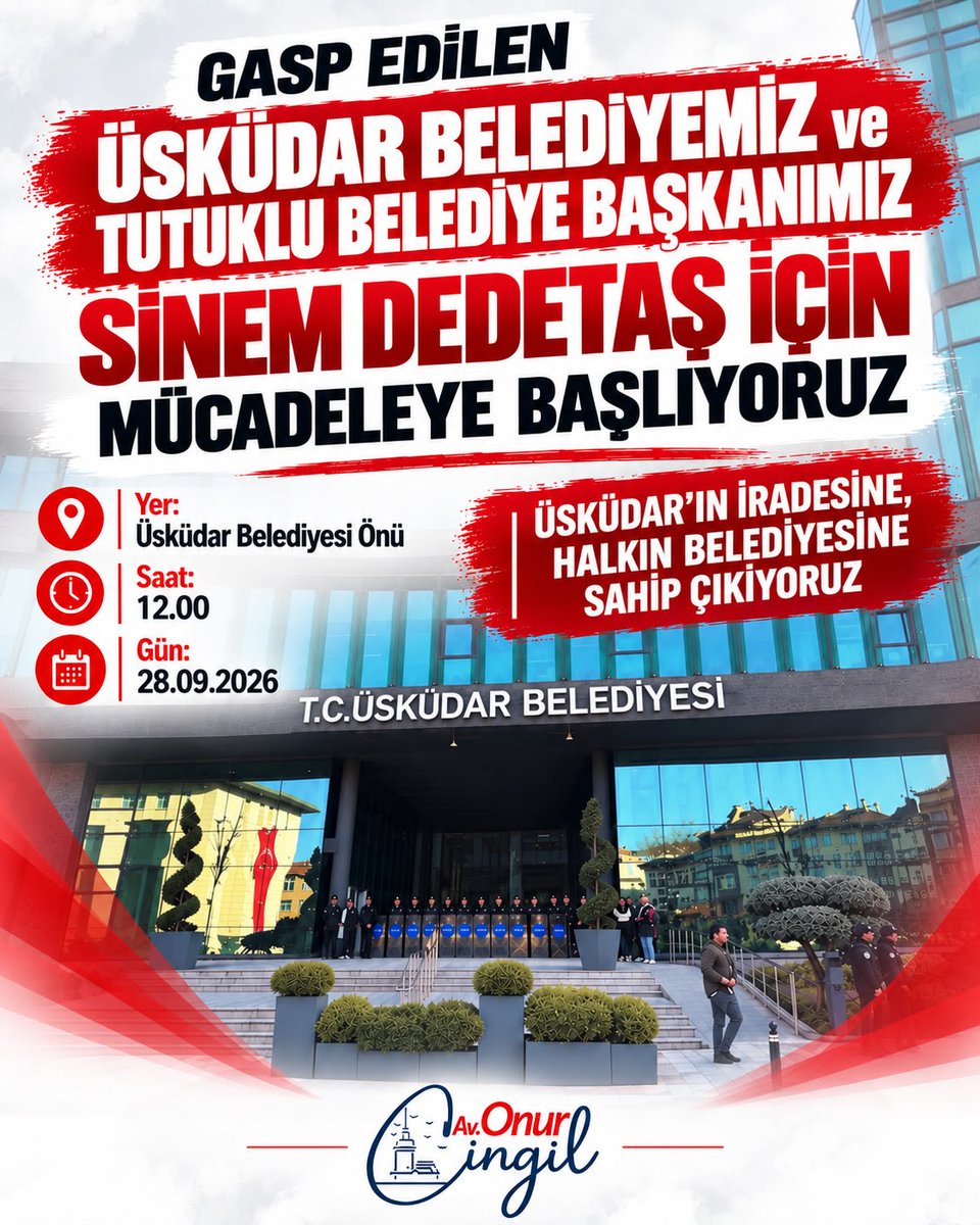 onurcingil's tweet photo. Üsküdar’ın iradesine sahip çıkmak, gasp edilen belediyemiz ve tutsak Belediye Başkanımız Sinem Dedetaş için sesimizi yükseltmek üzere SÖZ VERDİĞİMİZ gibi sokaktayız.

Susmayacağız, geri durmayacağız; hakkımızı birlikte savunacağız.

📍 Üsküdar Belediyesi Önü
📅 28 Eylül Pazartesi
⏰ 12.00

Üsküdar’ın iradesine sahip çıkmak için sen de gel!