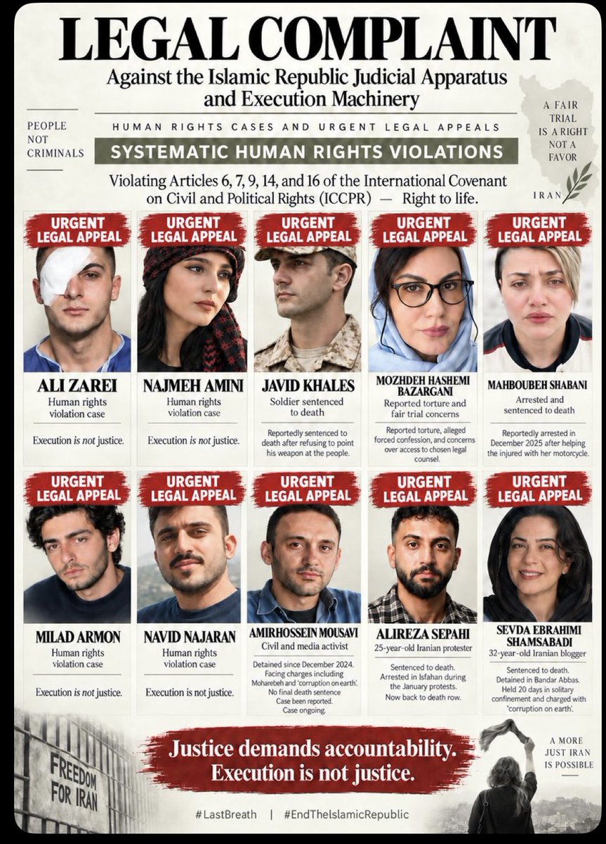 JahangiriAzar's tweet photo. Iran’s execution machine is still running.

Ali Zarei. Najmeh Amini. Mahboubeh Shabani. Sevda Ebrahimi Shamsabadi. Alireza Sepahi. Mozhdeh Hashemi Bazargani. Amirhossein Mousavi. Javid Khales. Navid Najaran. Milad Armon.

These are human beings—not statistics.

Political prisoners face torture, forced confessions, sham trials and death sentences.

Demand:
• Release political prisoners
• Immediate moratorium on executions
• Accountability for systematic abuses

Do not let their names disappear.

@UNHumanRights @amnesty @hrw @IHRights @ICHRI @ICHRI_Fa @article19org @RSF_inter @iranhrs_en

#LastBreath
#EndTheIslamicRepublic