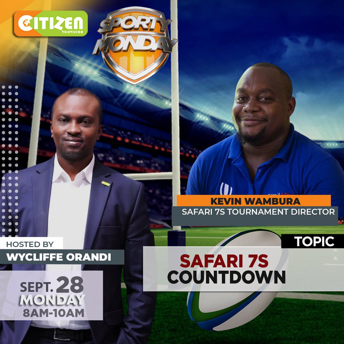 OfficialKRU's tweet photo. The Safari 7s is back for its 28th edition, bringing together local and international teams for another exciting chapter of one of Kenya’s biggest rugby 7s tournaments. With girls' U19 programme also on the agenda, what does this year’s tournament mean for the future of rugby in Kenya?
Join Wycliffe Orandi this Monday, September 28, 2026, on Sporty Monday, from 8AM–10AM, as he sits down with Kevin Wambura, Safari 7s Tournament Director, to unpack the tournament’s plans, the growth of women’s rugby, the opportunities for young players and what fans can expect when the action gets underway at Nyayo National Stadium.

#Safari7s2026 
@citizentvkenya @safarisevens