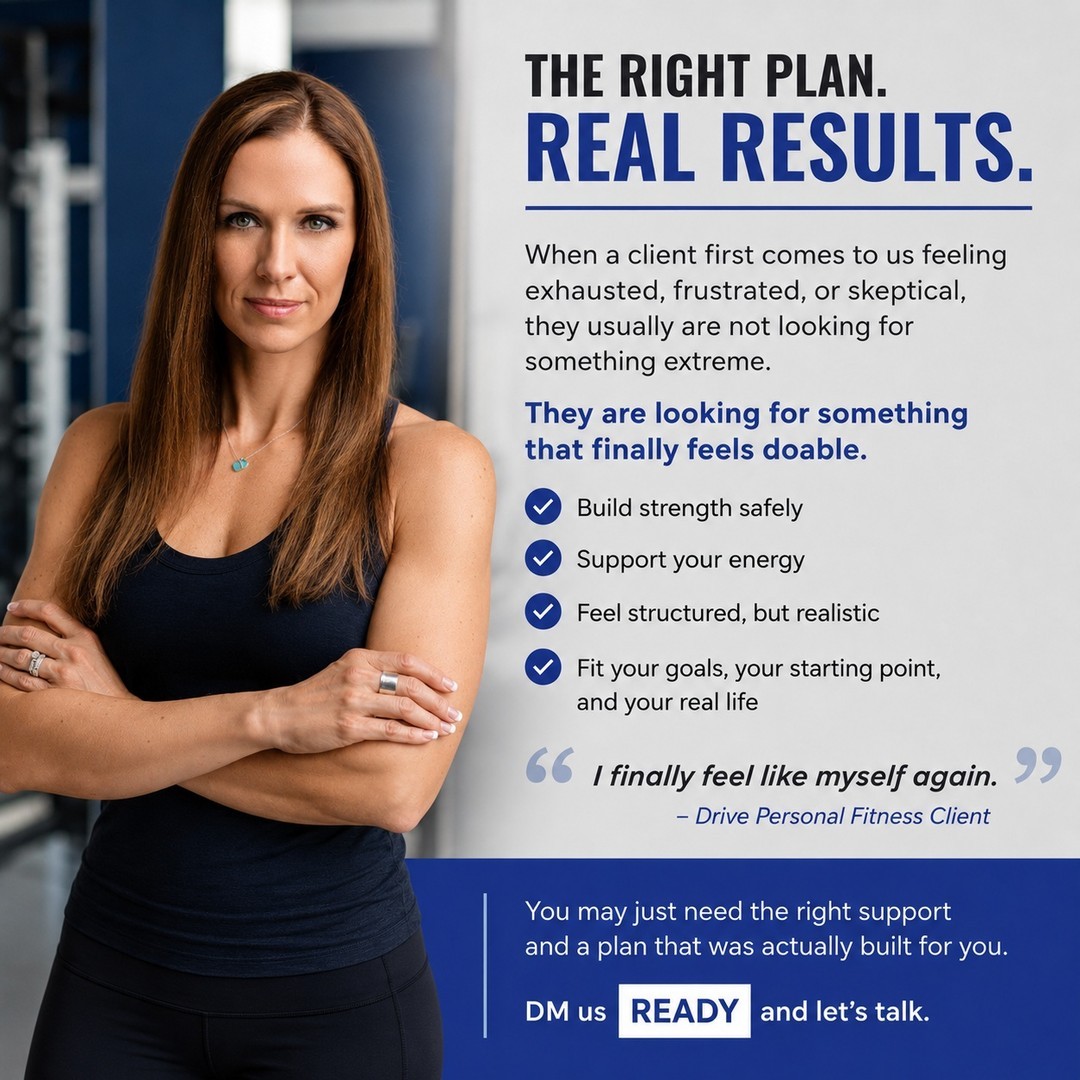 LisbethWhe0c5's tweet photo. When clients arrive exhausted, frustrated, or skeptical, they’re usually not seeking anything extreme—they want something doable. The problem often isn’t them; it’s the plan. At Drive Personal Fitness, we create realistic, personalized training https://t.co/O3x8yRBl5n