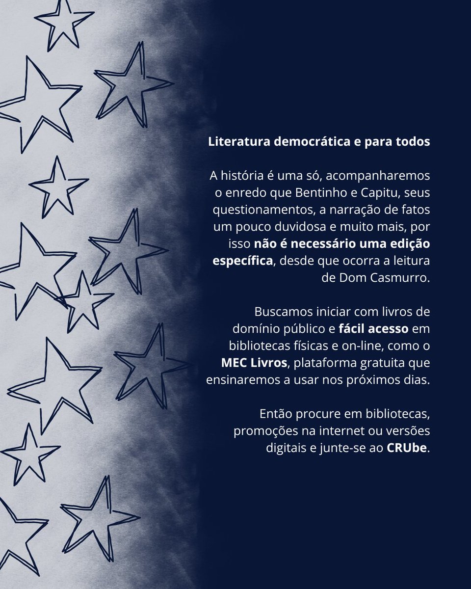cruleitorestw's tweet photo. Literatura e cultura nacional sem barreiras ✨️

Juntos escolhemos e leremos Dom Casmurro, independente de edição, meio ou origem!

Hoje, às 16:00, divulgaremos os links das nossas comunidades. A liberação para mensagens no grupo principal ocorrerá amanhã, às 12:00, para que os cruleitores consigam ingressar.

A leitura será iniciada no dia 01/10, com conversas diárias nos grupos e discussão simultânea a cada semana.