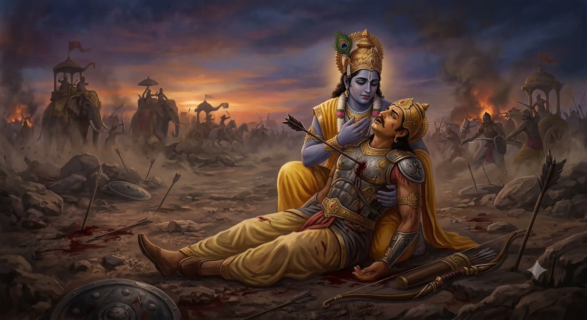 vishwananda's tweet photo. Remembering Karna as Pitru Paksh begins. 
One of the most difficult lives, yet most beautiful inner character. Stuck in the middle of adharma due to destiny, yet so close to Sri Krishna’s heart. Having nothing, receiving only thorns from the world, yet giving the very best of himself away in selfless charity to everyone. Karna forgot about himself completely in compassion for all. The very few times Sri Krishna truly cried in His life, one of them was when Karna was dying. Such an extraordinary attainment of being so close to Bhagavan’s heart, for someone who was only tormented his entire life. To remove Karna’s pain of being unwanted and unloved, Sri Krishna showed him the endless closeness they had always had. Even in past lives when Karna (Sahastrakavach) had alone fought against Sri Krishna (Narayan) and Arjun (Nara), his true self was dearest to the merciful heart of Bhagavan. And during the Mahabharat war, this was the last time they would stand against each other. After this life they would always stand together. As he was dying, Sri Krishna promised Karna the end of all feelings of separation from His heart, eternal dearness and sweetness. Karna was one of the very rare people who received an Adesh from Sri Krishna as he was dying. The other was Hanuman. Sri Ram gave His final Adesh to Hanuman as Sri Ram was leaving the world and Hanuman ji is fulfilling it till today. And on the other hand, Sri Krishna gave His final Adesh to karna as karna was dying. Just imagining how much trust and love Bhagavan must have had in him touches the heart so deeply. And Karna has lived up to that trust and love fully. 
Every year during Pitru Paksha, Karna comes from Vaikuntha and offers food for all lineages, to all ancestors. During his life, he could never remember or offer food for his ancestors because he never knew what his true lineage was. But that which was Karna’s greatest pain, of being so unloved and unwanted, Sri Krishna gave him complete mastery over it—coming every year to be the one loving and feeding all those who have left their body. To share Sri Krishna’s infinite love with them through the performance of Shraddha. During the days of Pitru Paksh, remember to give thanks for everything that the SatGuru, Bhagavan, endlessly gives, and offer food in charity as much as possible. Blessings.