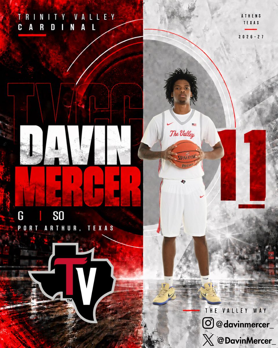 THEVALLEYMBB's tweet photo. FOLLOW THE CARDINALS🔴⚫️

Meet your 2026–27 Trinity Valley Cardinals.

Davin Mercer @DavinMercer_ 📍
G | Sophomore
 Port Arthur, Texas 

Get to know the players who will be representing The Valley this season and show them some love by giving them a follow! https://t.co/UDwV7LA4Zn