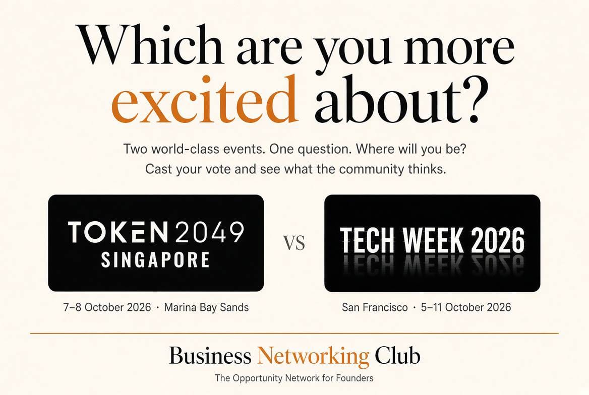 BNC_Events's tweet photo. October’s two largest tech hubs happen the exact same week: 

TOKEN2049 (Singapore 🇸🇬) 
and Tech Week 2026 (San Francisco 🇺🇸)  

At BNC Events, we connect growth focused builders with capital and game-changing conversations. Navigate this summits with us, supported and welcomed by cool intros when you join.

https://t.co/LymoxfetK7

#TOKEN2049 #SFTechWeek #BNCEvents