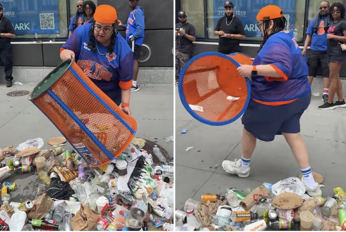 CobwebArmy's tweet photo. @ClownWorld You can tell the bias of AI, in toning-down the dystopia, as they left out the @nyknicks fan, casually dumping out the garbage onto the street, before stealing that trash can https://t.co/uZ1a7hKVDr