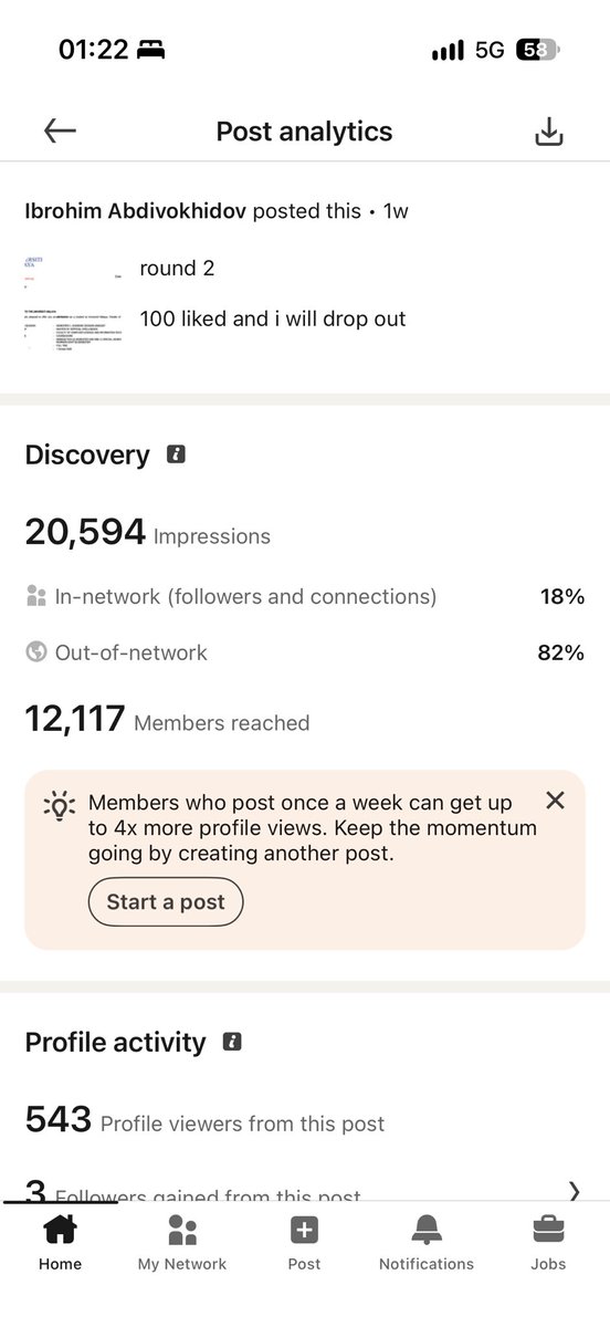 yapsdotgg's tweet photo. i hacked the LinkedIn growth.

just got 20k views where 82% is out it my network.

tip: keep it short and authentic.
nobody reads long posts anymore. https://t.co/4p22xzJotM