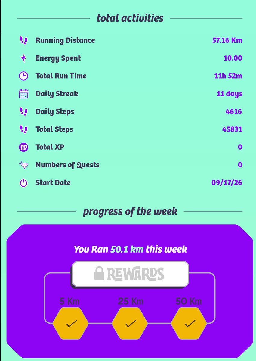 YordanDecoro's tweet photo. End of the first Week @The_Life_Bomb🌱 #Walk🚶
⚡️10 Energies #M2E🏃
🪙 Daily Earnings: 0.08 $CATKN
👑 Earned 0.0 PoR 
🚶 Weekly Challenges: 50km Achieved today https://t.co/JqRjfTRe6b