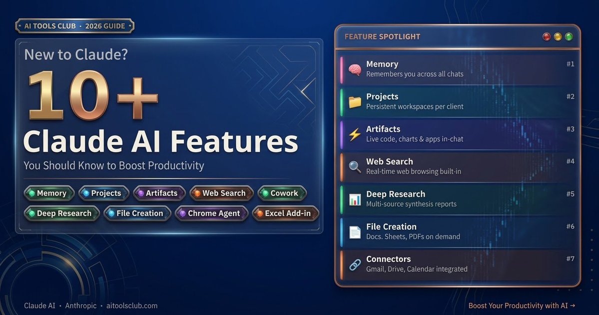 Tech_Ai_Alan's tweet photo. 🚨 Claude just became much more than a chatbot.

Most people are still using AI to write simple prompts and get simple answers.

But Claude is evolving into something much bigger.

From Memory & Projects to Artifacts, Web Search, Deep Research, File Creation, Connectors, Chrome Agent, and Excel integration—the workflow possibilities are expanding fast.

🧵 Here are the Claude features you should know about—and why they matter 👇