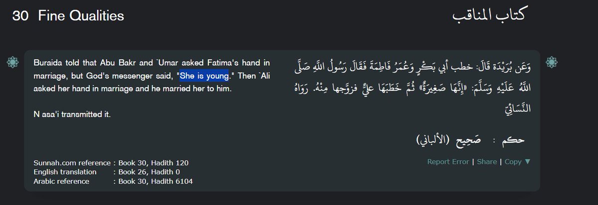 Romuluspwro's tweet photo. @ZaninaYassine @renn_037 @ScottFishman 1: Presentism is inherent to Islam (34:28, 7:158)
2: People before married young, but never in history was it common or acceptable for someone in mid 50s to marry someone young enough to be their great grandchild. For example, here's Muhammed rejecting Abu due to a large age gap https://t.co/BcK52FnN3w