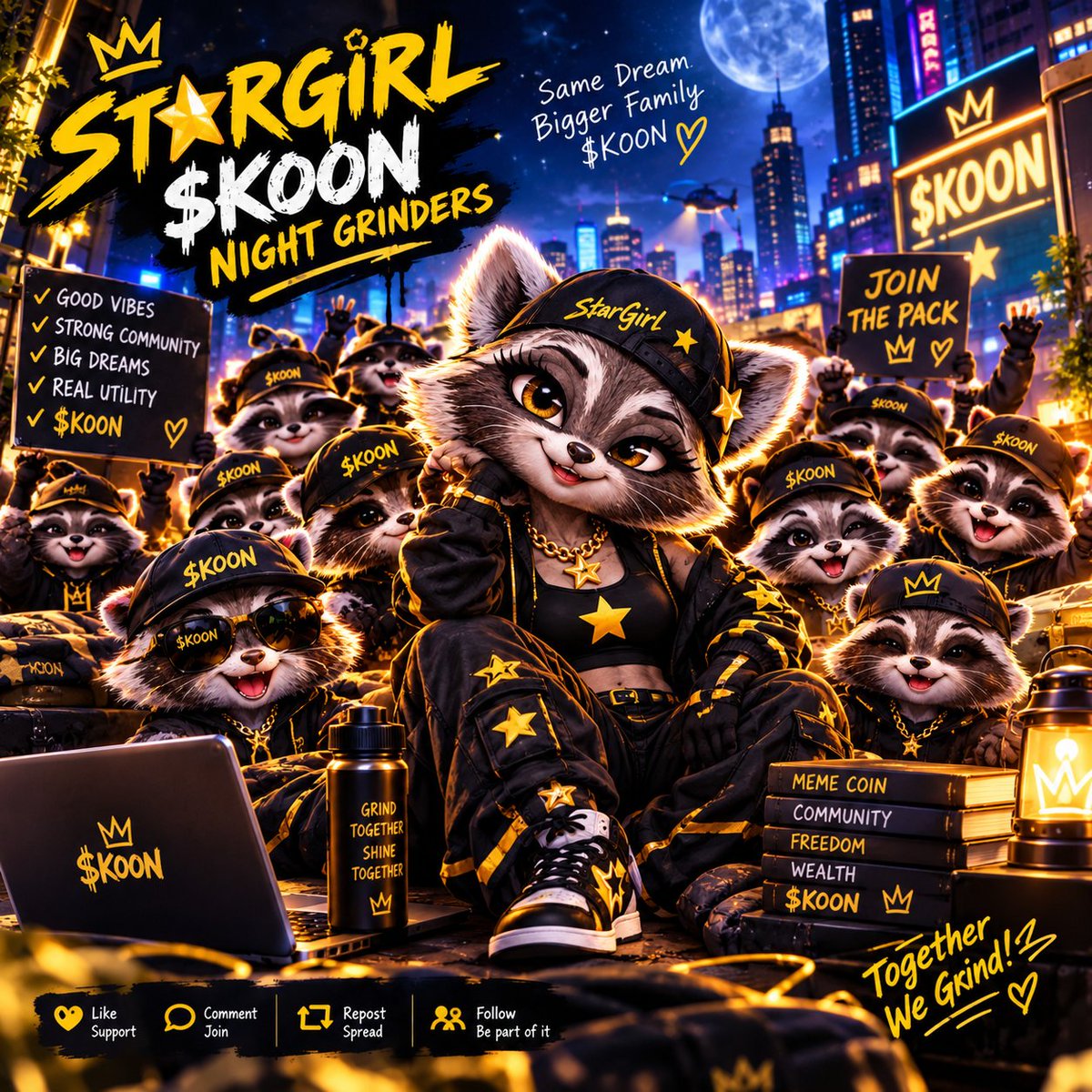 FeMi593772's tweet photo. Same dream. Bigger family. 🌙✨
We grind together, we shine together, we moon together. 🦝💛
Welcome to the $KOON Night Grinders. 👑🚀

Keep the $KOON energy going

@koolcoon_coin https://t.co/84qn9Ahwn3