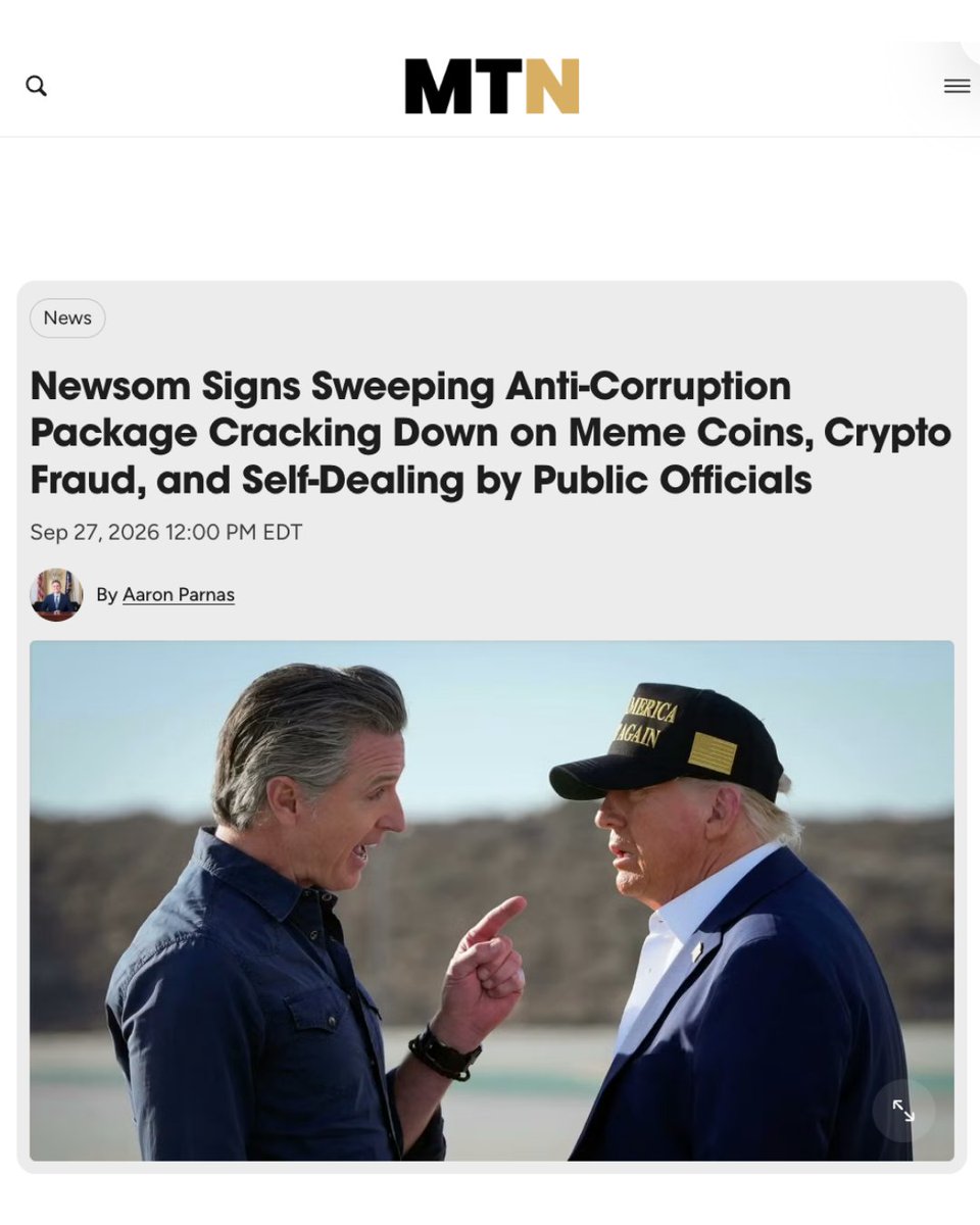GovPressOffice's tweet photo. BREAKING: @CAGovernor Gavin Newsom just signed new legislation to prevent public officials from issuing meme coins, protect consumers, hold bad actors accountable, and recover money for victims. 

This comes while the Trump admin displays an unprecedented amount of corruption and self-dealing — including through Donald Trump’s very own meme coin which has lost Americans billions.