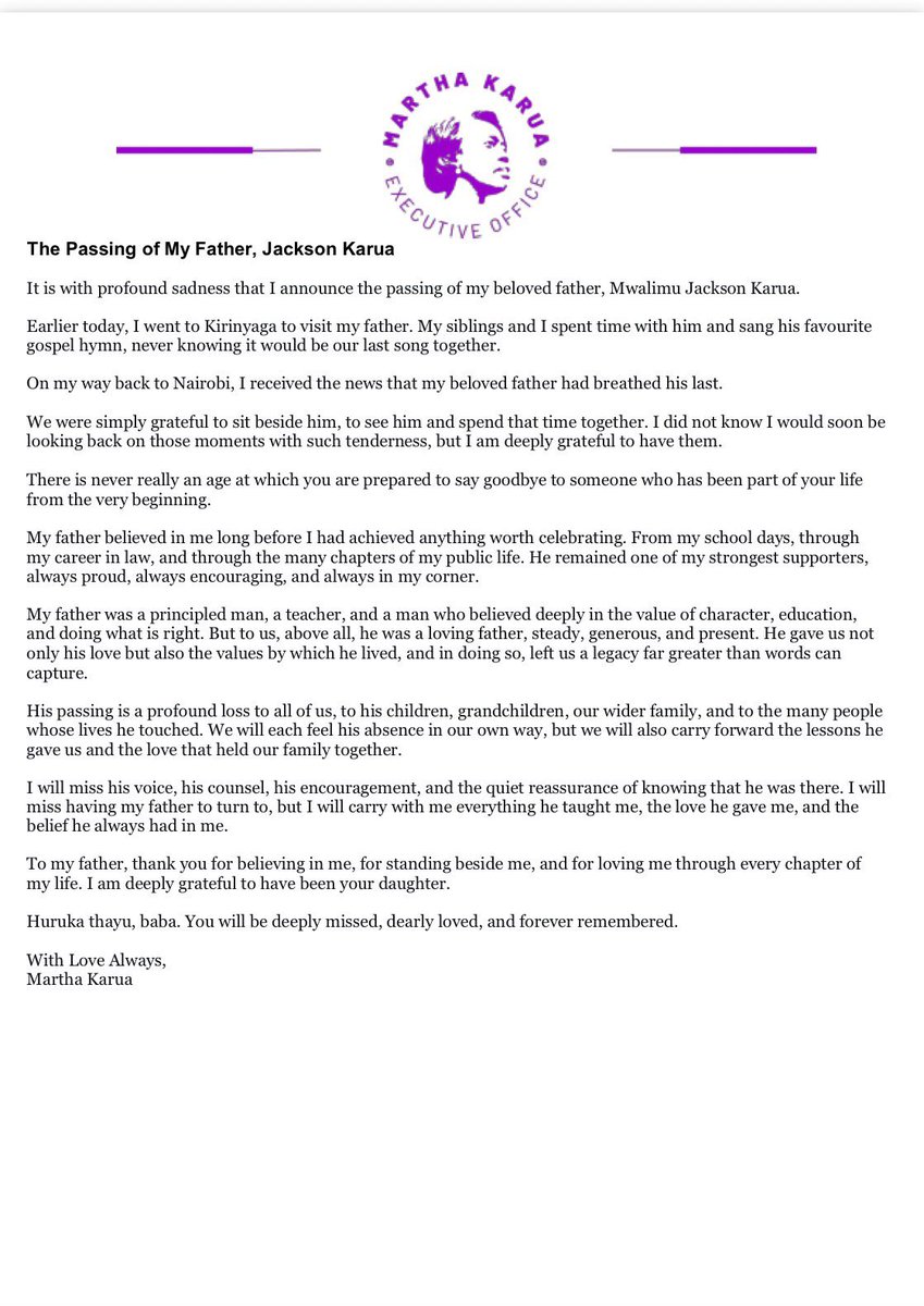MarthaKarua's tweet photo. A sad announcement on the passing of my father, Mwalimu Jackson Karua, earlier today. https://t.co/rMmIGbbbPY