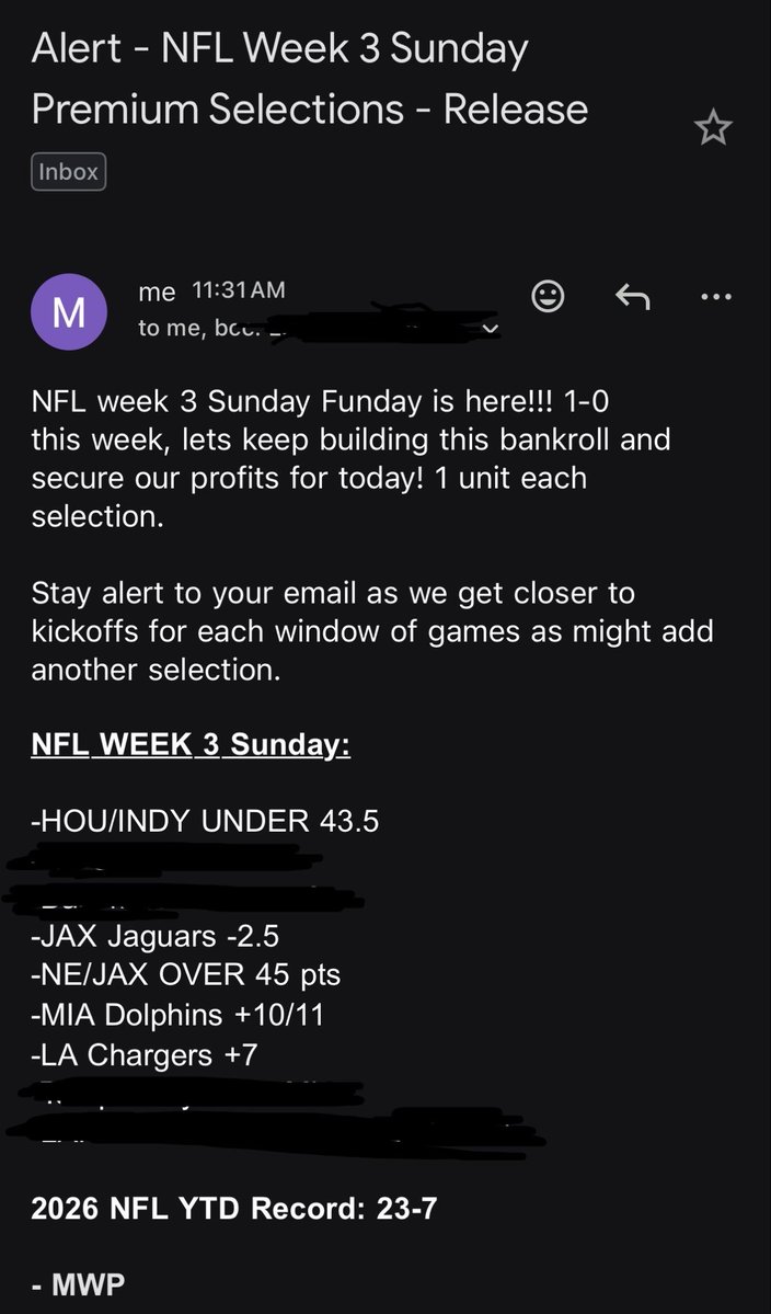 manwithdapicks's tweet photo. Locked and loaded! DM to receive the full card for NFL Week 3😎🙌🏼

🏈NFL WEEK 3 Sunday🏈

-HOU/INDY UNDER 43.5
-_____________
-_____________
-JAX Jaguars -2.5
-NE/JAX OVER 45 pts 
-MIA Dolphins +10/11 
-LA Chargers +7
-_______________
-_______________

2026 NFL YTD Record: 23-7 https://t.co/tpGg4nhNFd