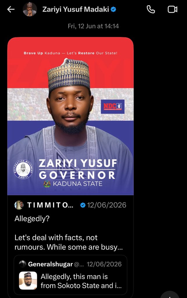 CatiaKyen's tweet photo. Zariyi moving to APC is something we all didn’t see coming and also don’t support, but this thing you just posted is your lies and propaganda. 

Zariyi was in NDC before the others moved from ADC to the party, I can remember it was during the El-Rufai vs PO coalition he announced his intentions to run for Kaduna state governorship under the NDC… 

I cannot see lies and keep quiet sha, stop it!