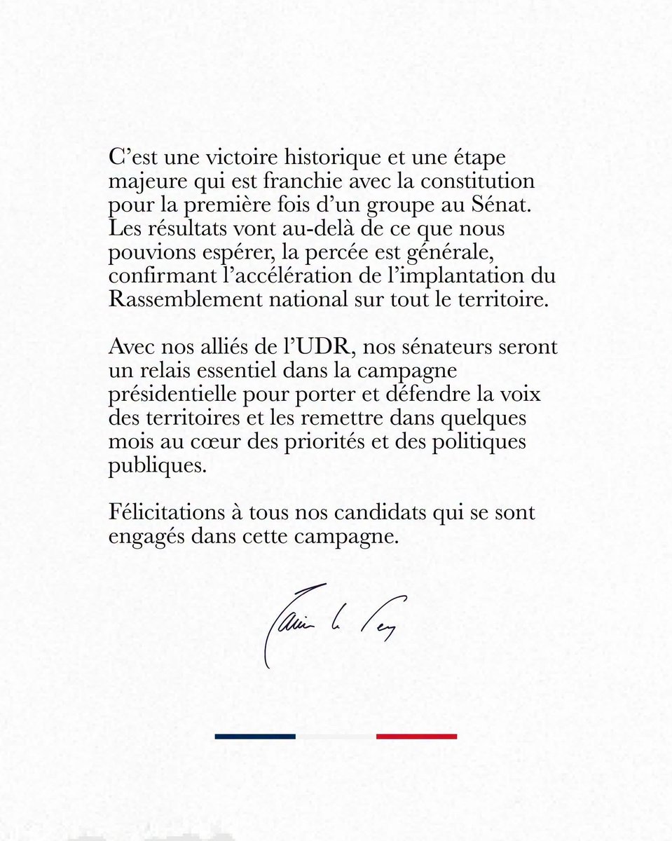 JLechanteux's tweet photo. 🇫🇷 Une victoire historique ! Pour la première fois, le @RNational_off entre au Sénat avec la force d’un groupe.

Après les communes et l’Assemblée nationale, une nouvelle page politique s’écrit aujourd’hui au Sénat. https://t.co/e8lXveYnd9