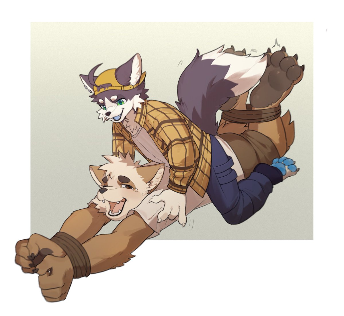 Qiuligaog's tweet photo. The tanuki be tickled by friend 🐾
🎨：荒汪（bili）
#tickle #furryart #furry https://t.co/80TsvxsG8U