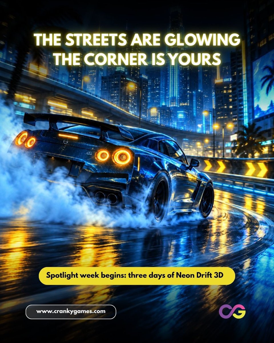 DesiToshi's tweet photo. 🏎️ Neon Drift 3D Spotlight Week starts now. 🌃🔥

Neon streets, sharp corners and one goal: master the drift. Chain your drifts, build your score and see how far you can push your run.

👉 Start driving: https://t.co/qNswkBTSW3

#CrankyGames #NeonDrift3D #DriftLife #Drifting #RacingGames #BrowserGames #FreeGames #Gaming #OnlineGaming #WebGames #CarGames #RacingGame #ArcadeRacing #GamingCommunity #GameOn #PlayNow #FreeToPlay #NightDriving #NeonGaming #GamingPlatform #Gamers #VideoGames #IndieGames #GameDev #GameDevelopment #3DGames #OnlineGames #CasualGaming #GamingExperience #DiscordGaming