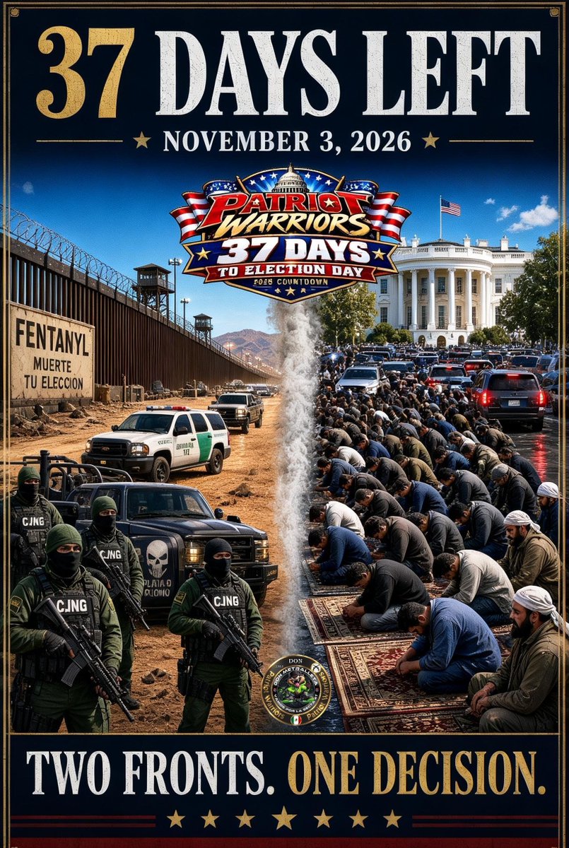 Baldo04555156's tweet photo. 37 days. 🦅🇺🇲
Look at the border. 💣
Look at New York. 💣
Look at Dearborn. 💣
This isn’t noise. It’s the line the seal already named.
➡️ Truth. Justice. Freedom.
Faith. Family. Freedom.

➡️ One front is the cartel pipeline.
The other is the street taking the city.

Two fronts. One decision.
November 3, 2026. 🗳️🇺🇲
#PatriotWarriors #37Days
#Midterms2026 #AmericaFirst
#FaithFamilyFreedom
#TruthJusticeFreedom
#BorderSecurity #Dearborn